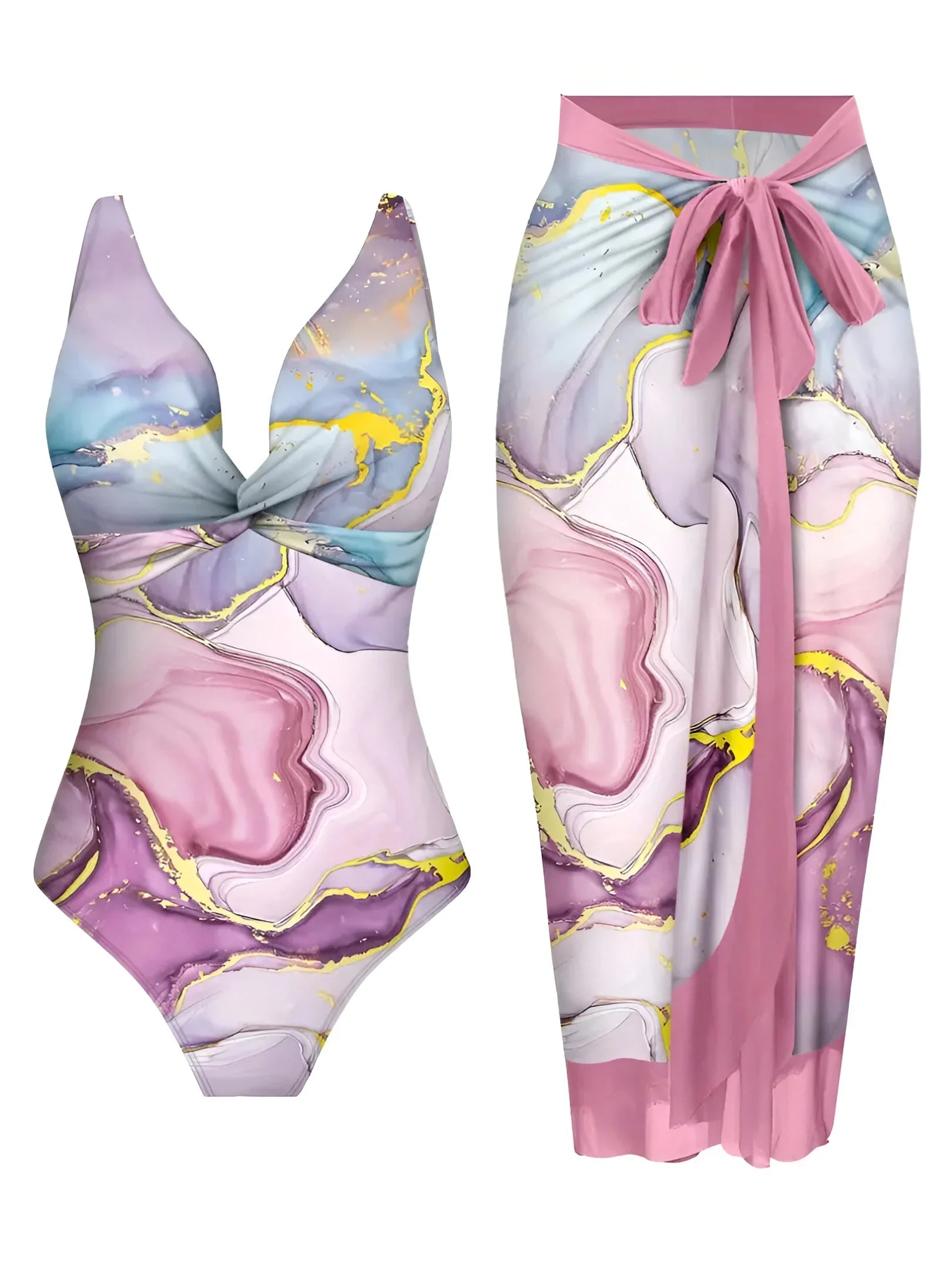 Tropical Print Two-Piece Swimsuit & Sarong Set