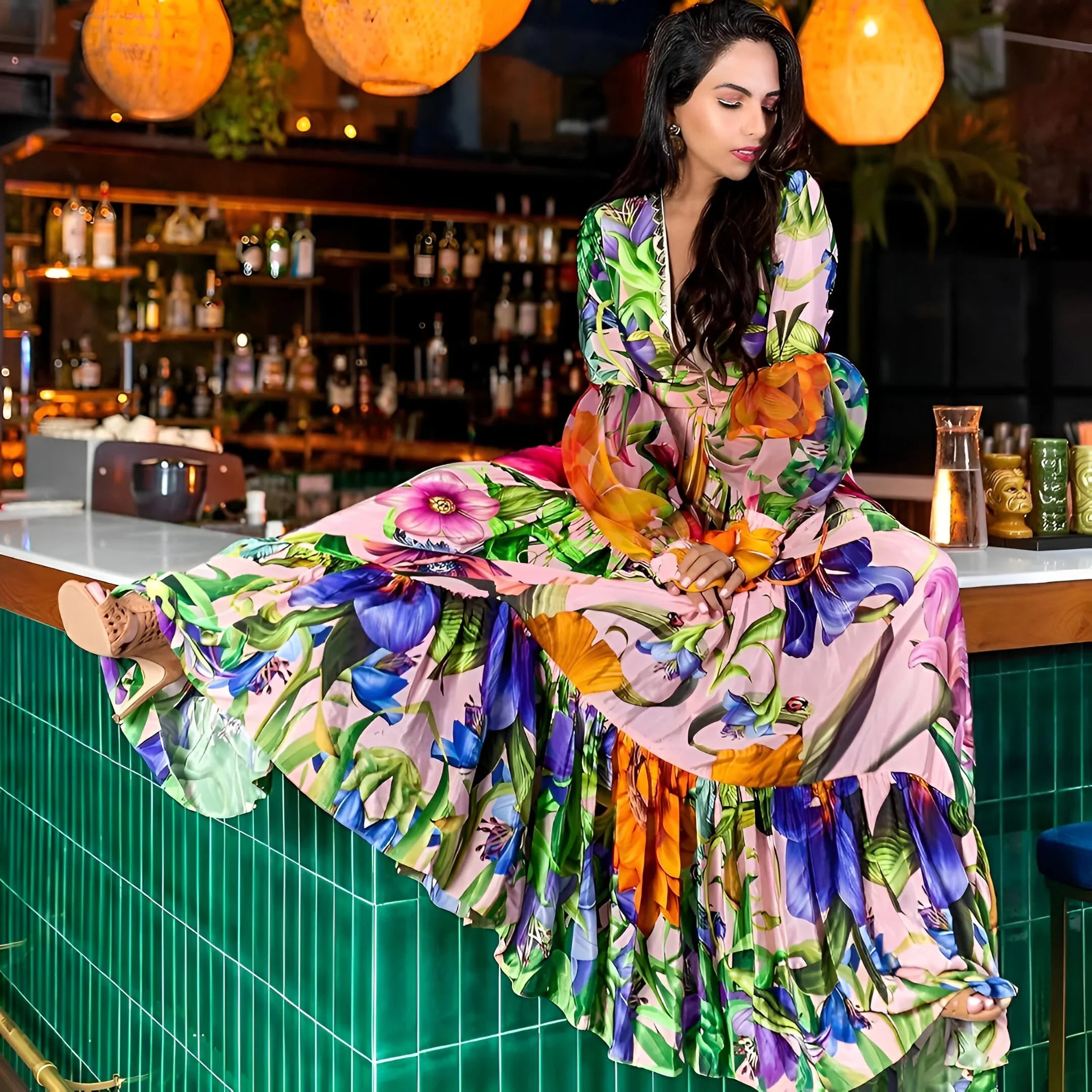 Deep V-Neck One-Piece Swimsuit with Long Skirt