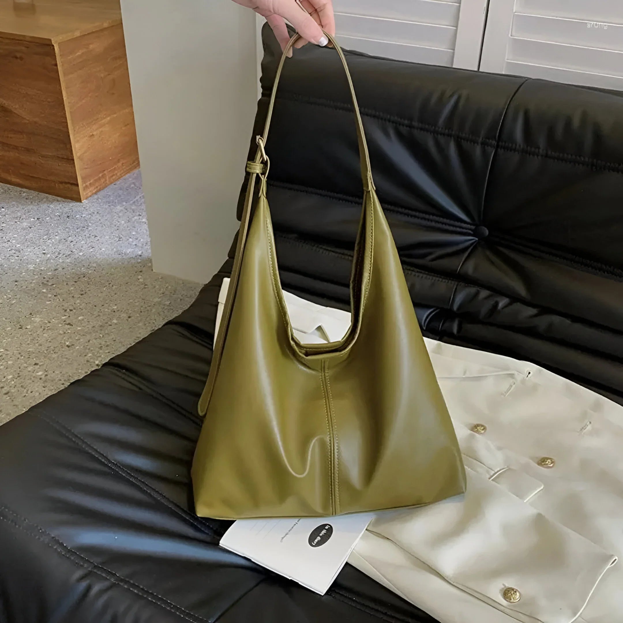 Leather Shoulder Bag with Button Closure