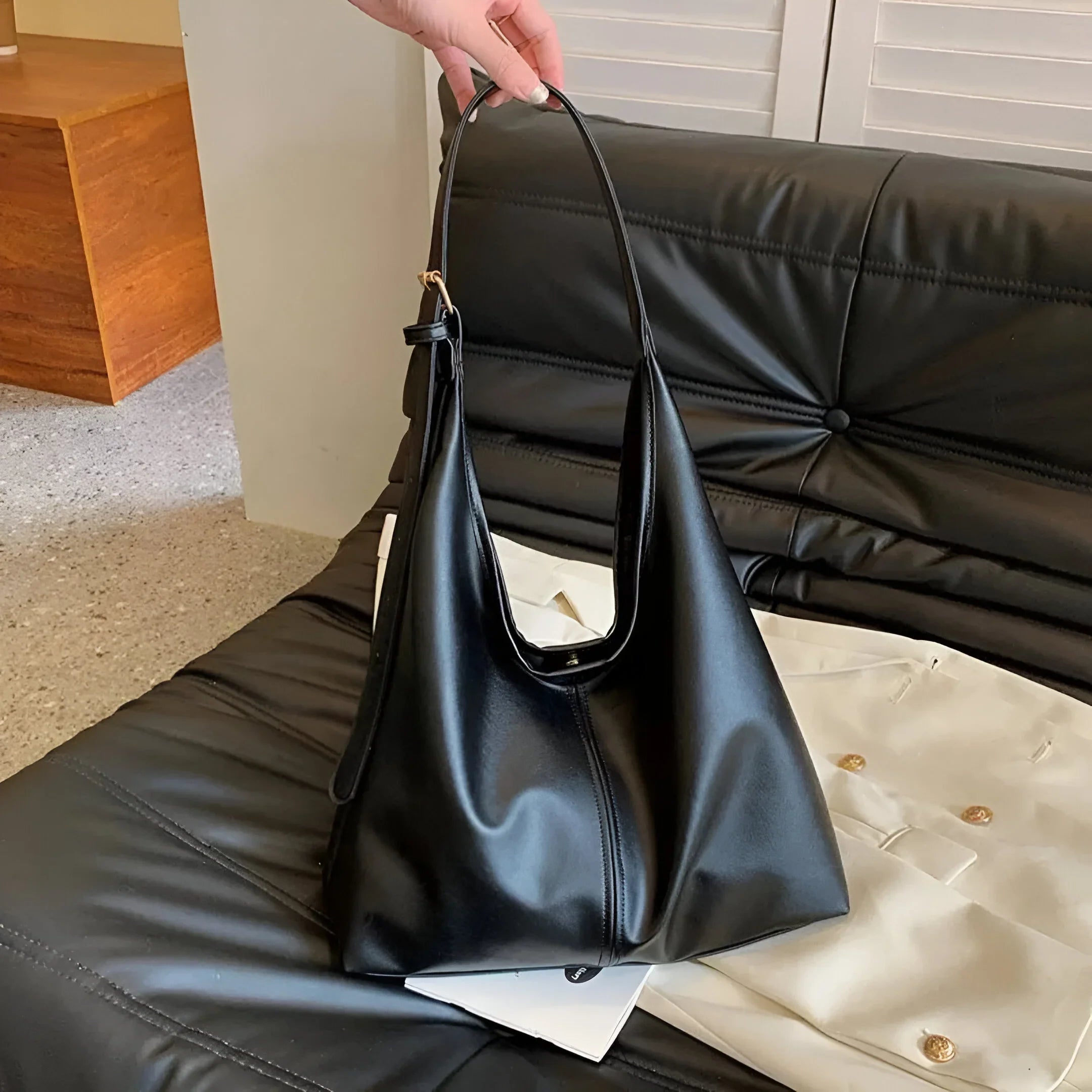 Leather Shoulder Bag with Button Closure