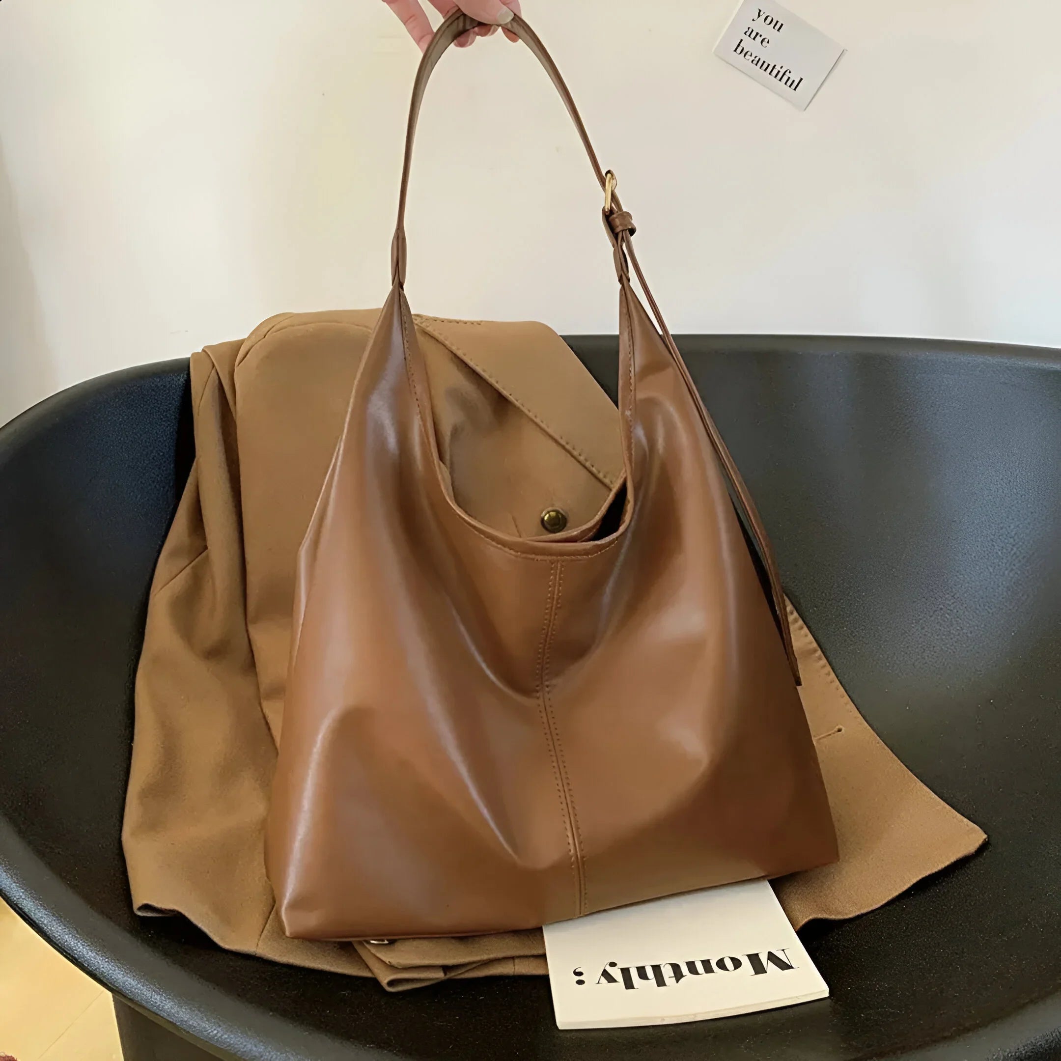 Leather Shoulder Bag with Button Closure