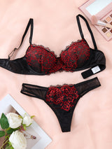 Sexy Lace Lingerie Set – Black & Red Push-Up Bra & Panties