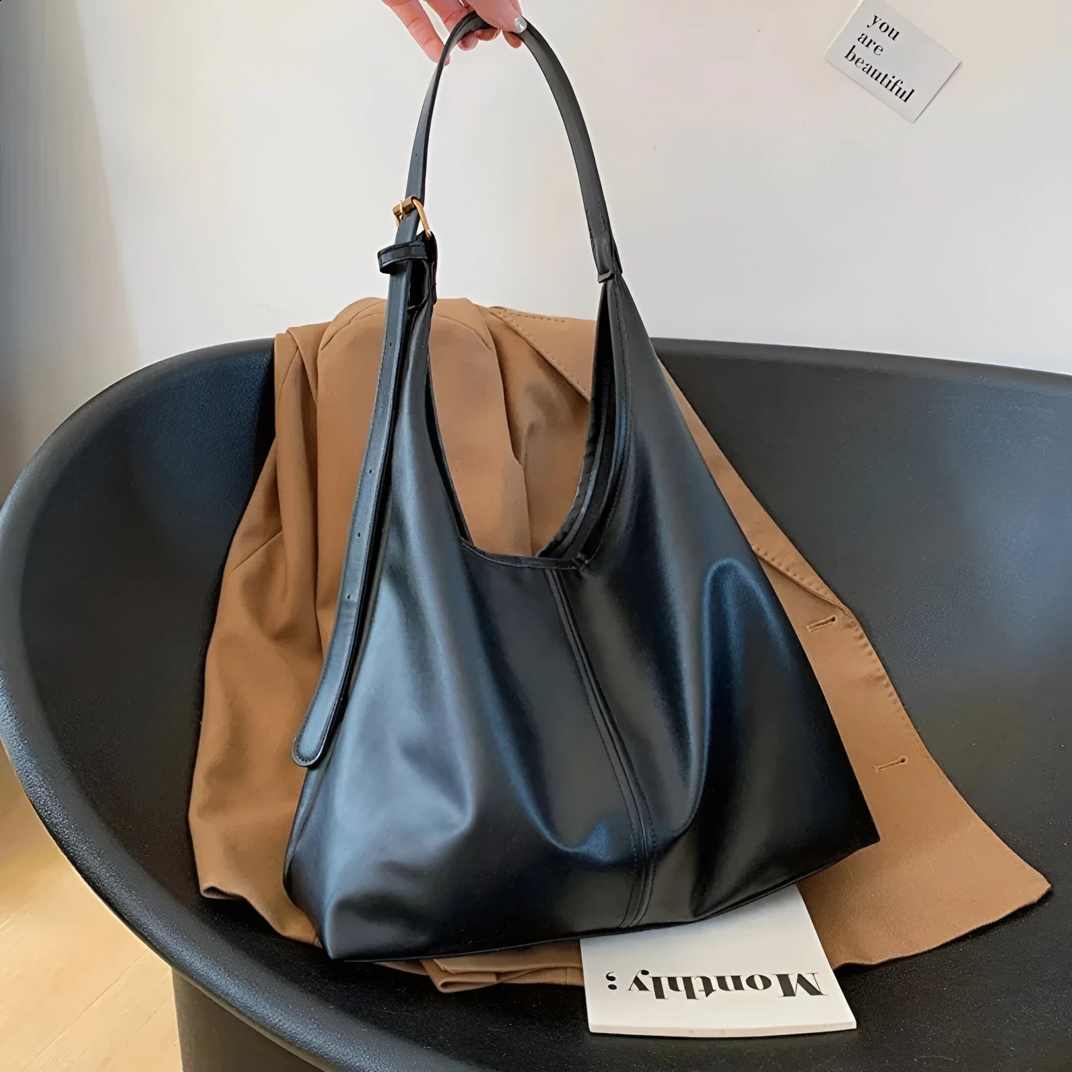 Leather Shoulder Bag with Button Closure