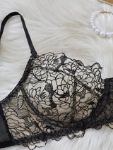 Floral Embroidery Mesh Lingerie Set