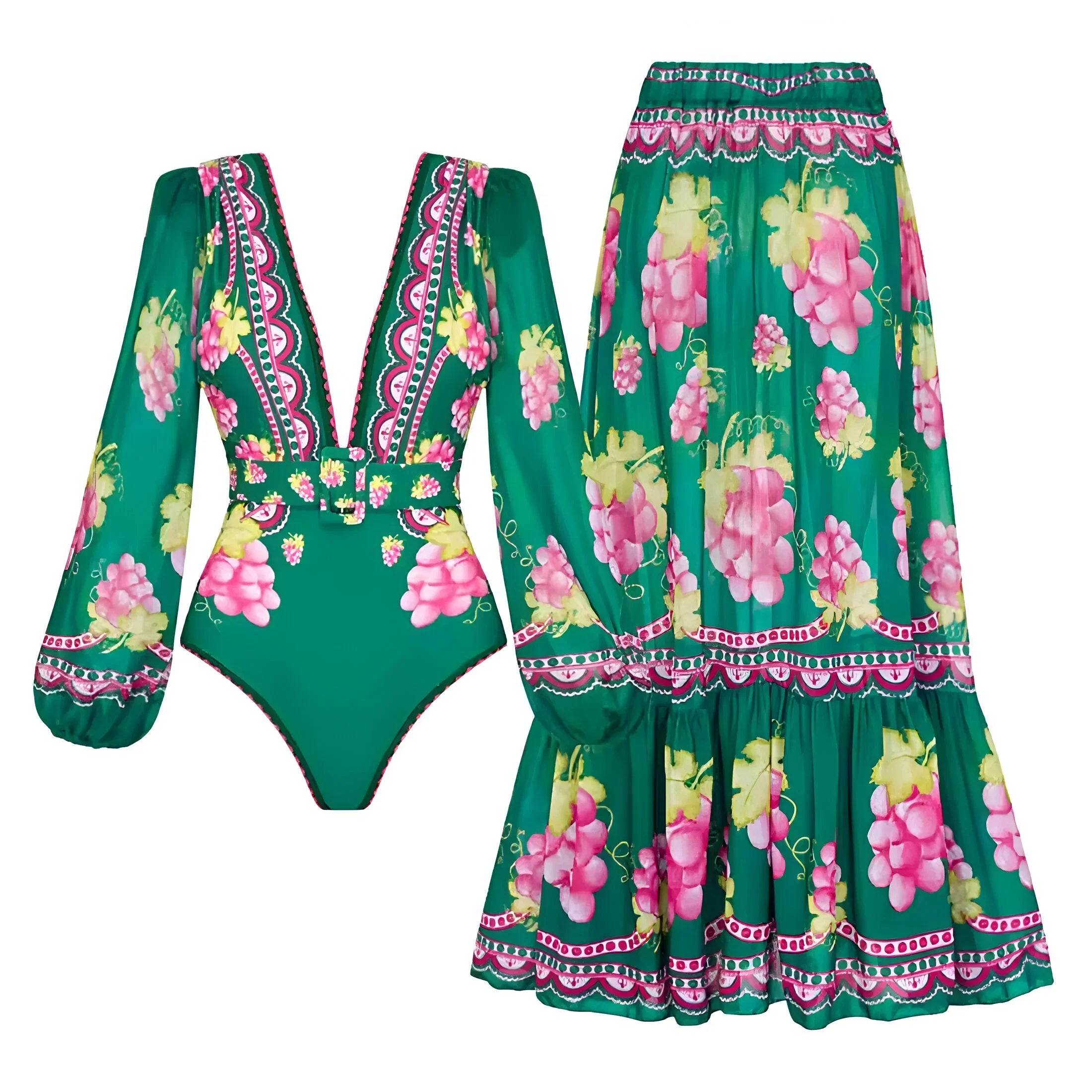 Deep V-Neck One-Piece Swimsuit with Long Skirt