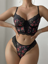 Elegant Rose Lingerie Set – Floral Print with Lace Trim