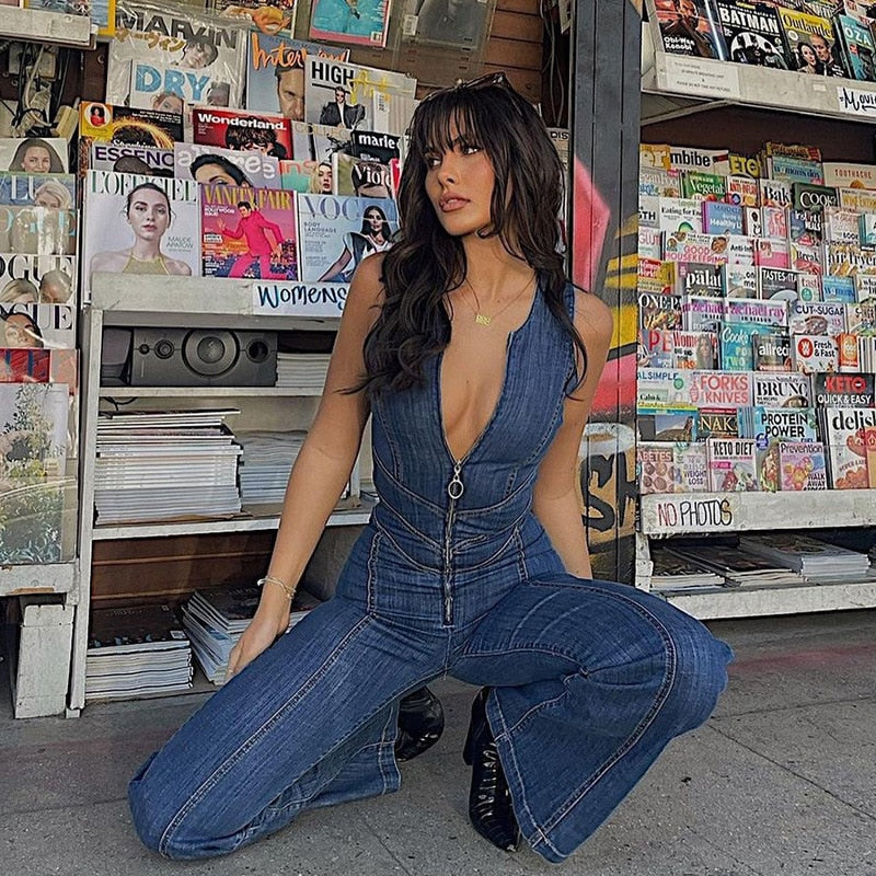 【LAST DAY SALE】Heart Shaped Backless Denim Jumpsuit