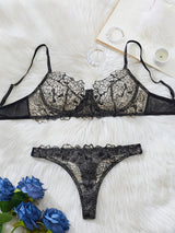 Floral Embroidery Mesh Lingerie Set