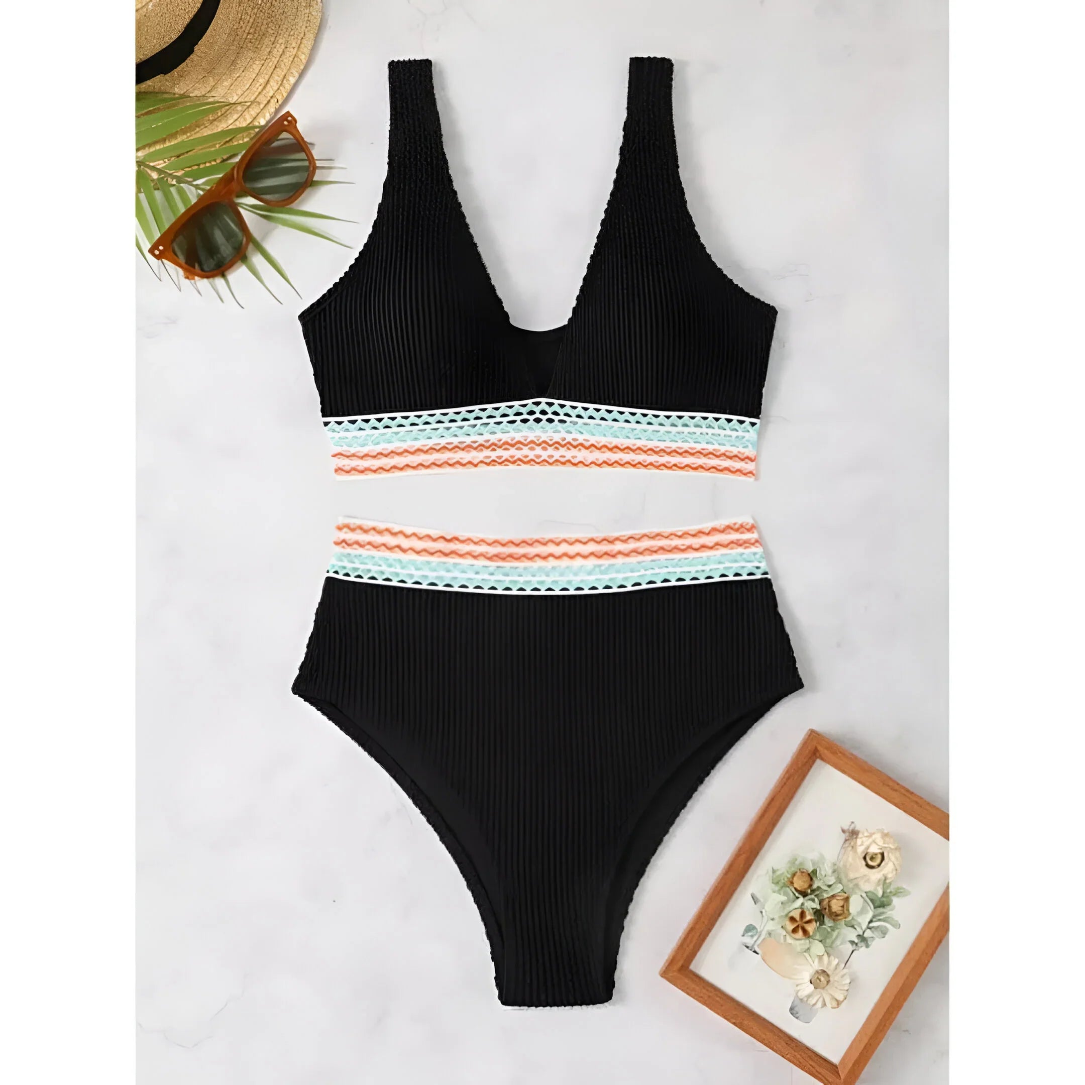 High-Waist Bikini Set with Crochet Details