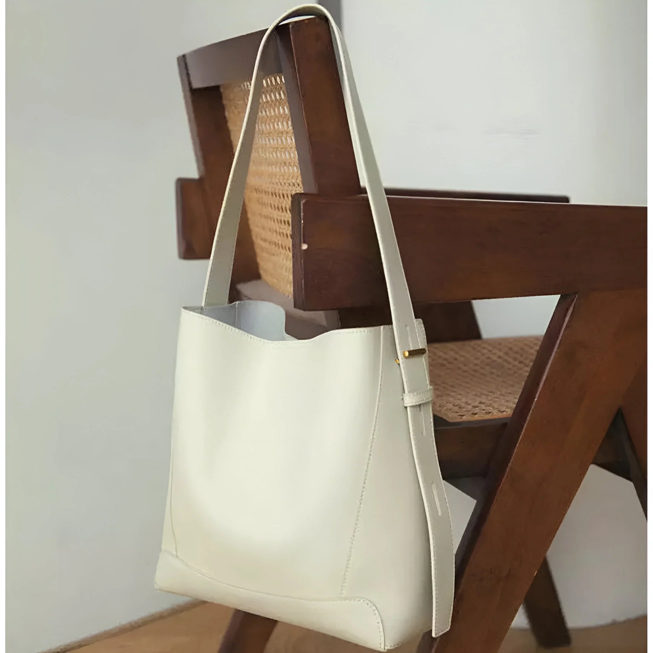 Button-Closure Bucket Shoulder Bag