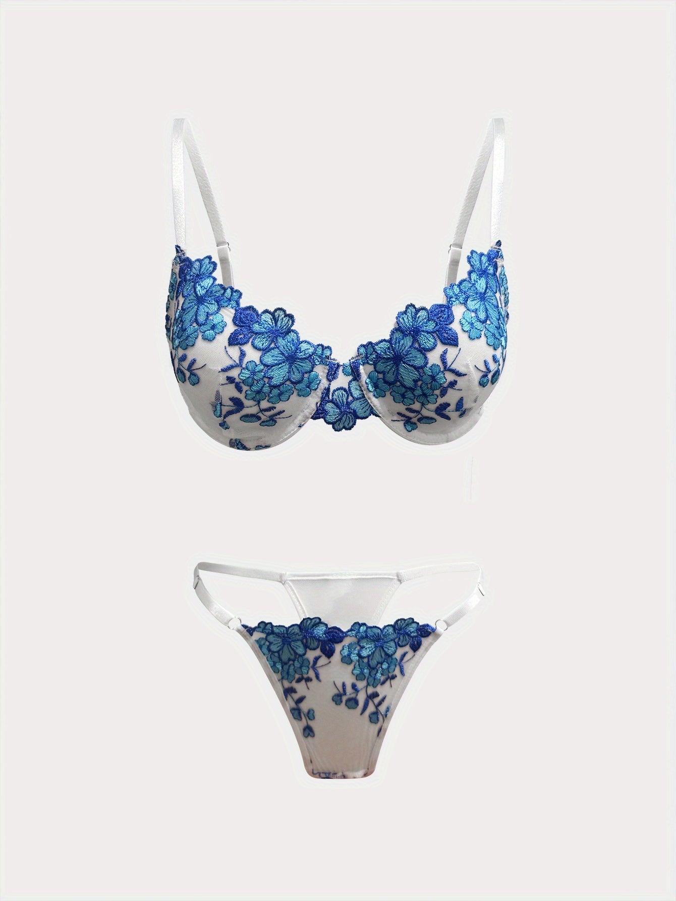 Elegant Floral Lace Lingerie Set – Blue and White Design