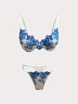 Elegant Floral Lace Lingerie Set – Blue and White Design
