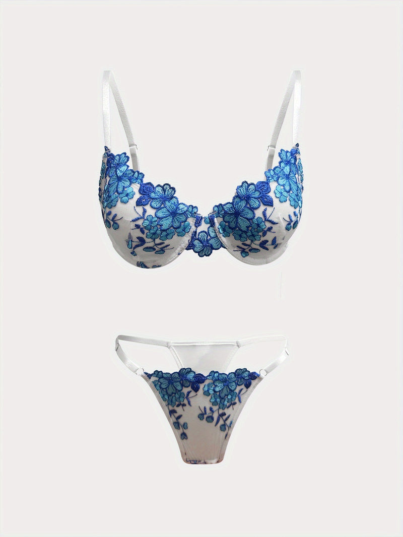 Elegant Floral Lace Lingerie Set – Blue and White Design