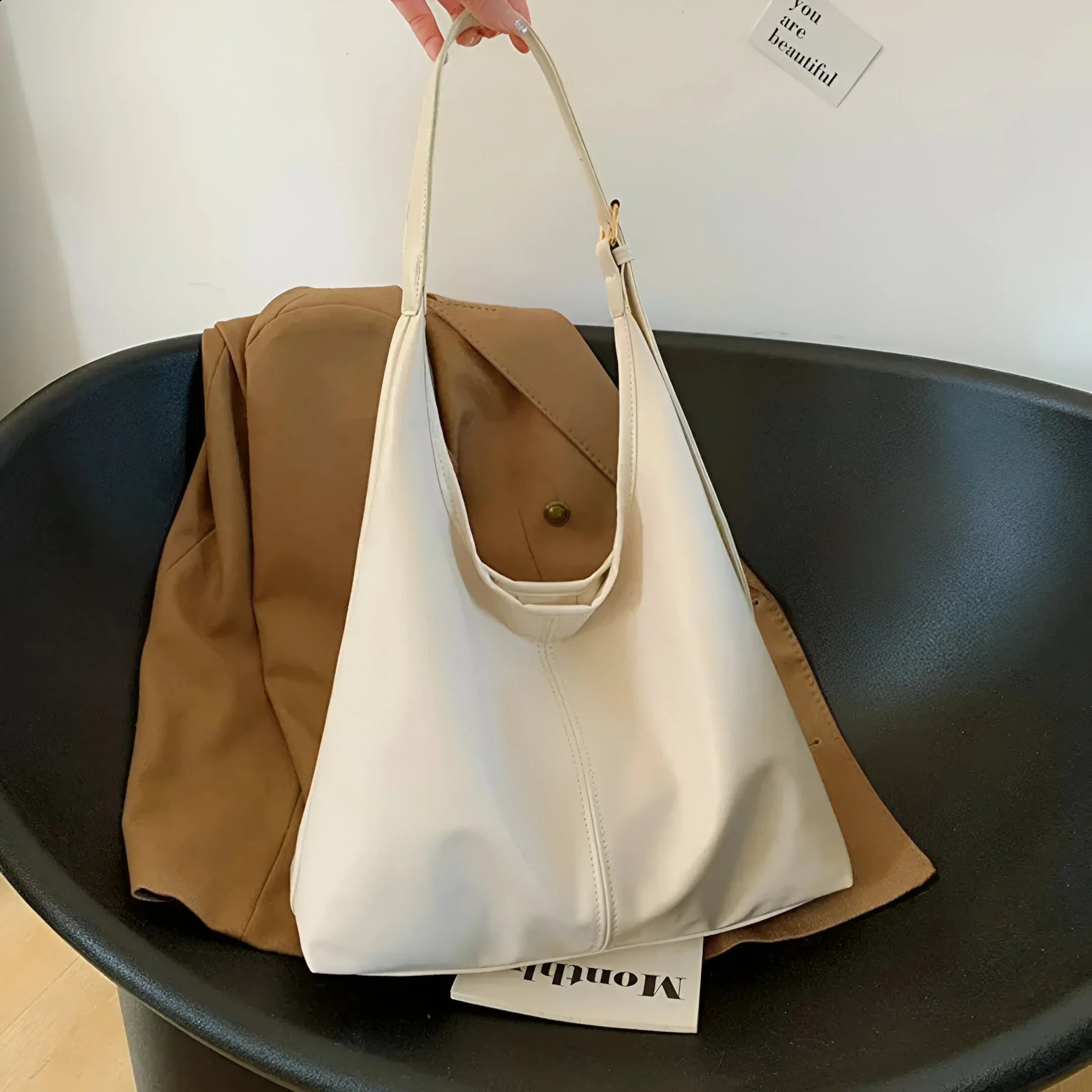 Leather Shoulder Bag with Button Closure