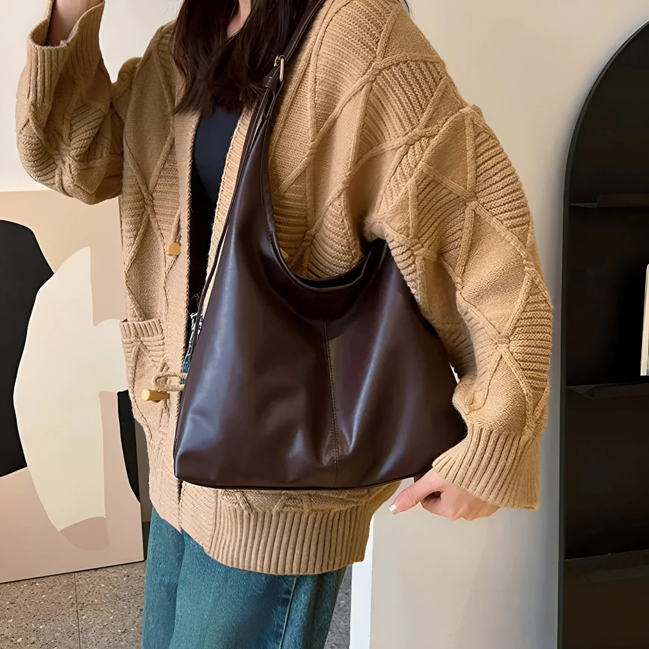Leather Shoulder Bag with Button Closure