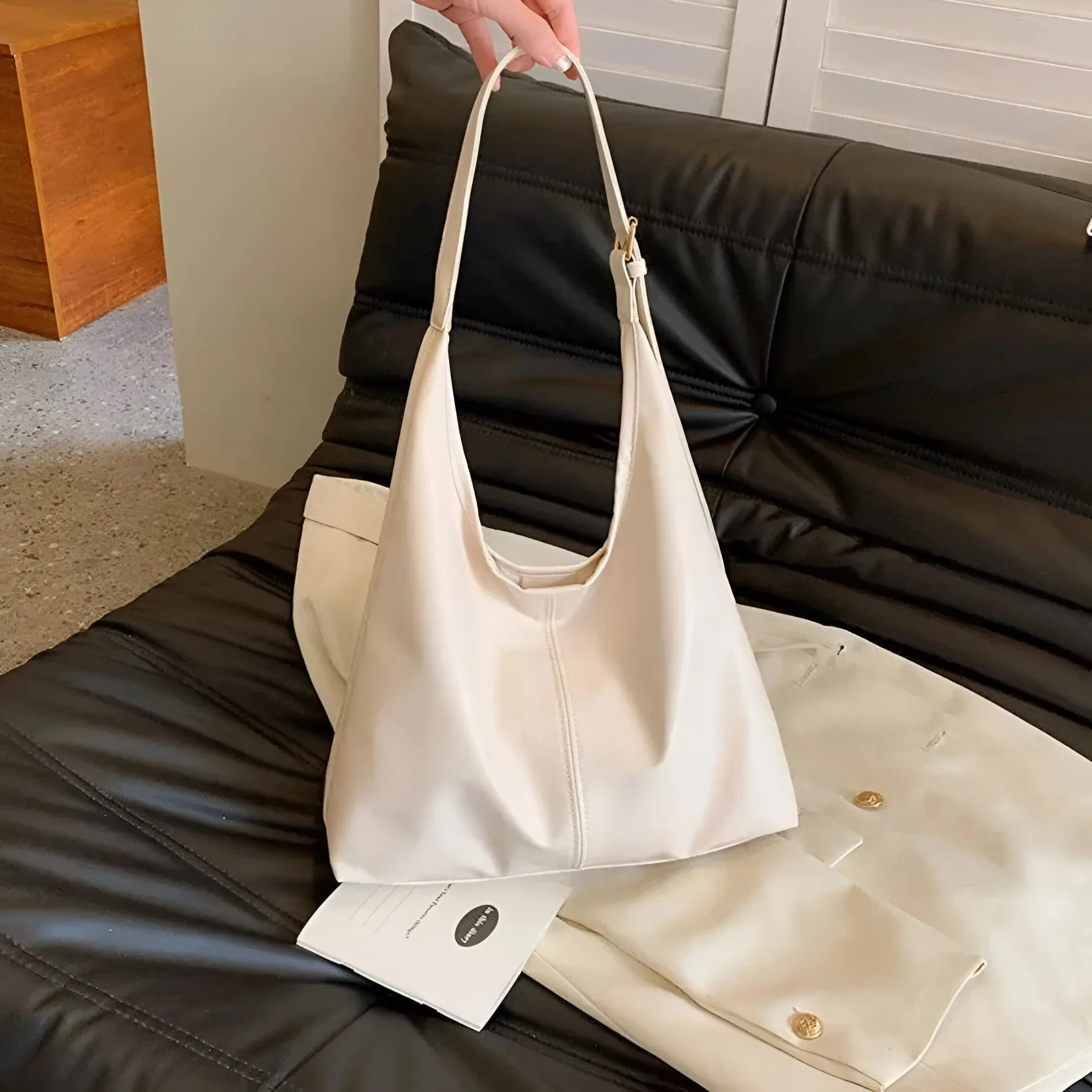 Leather Shoulder Bag with Button Closure