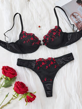 French Floral Lace Lingerie Set – Black & Red Embroidered Design