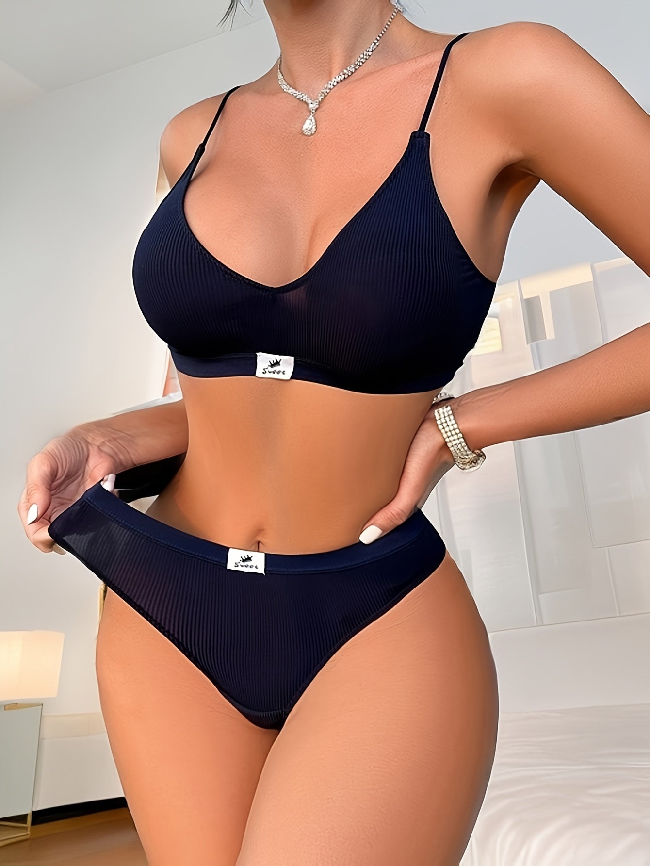 Elegant Ribbed Lingerie Set – Ruched Bra & Panties