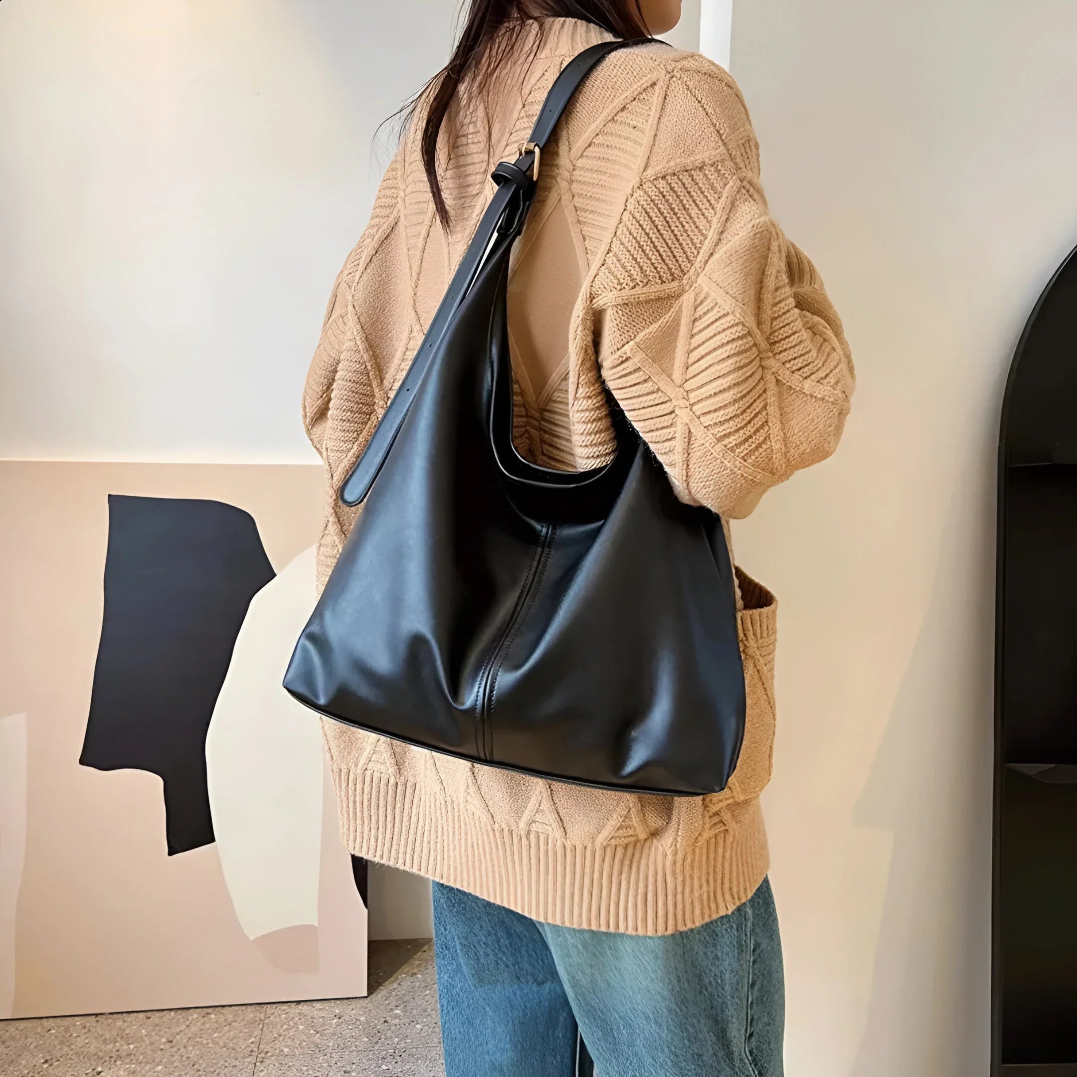 Leather Shoulder Bag with Button Closure