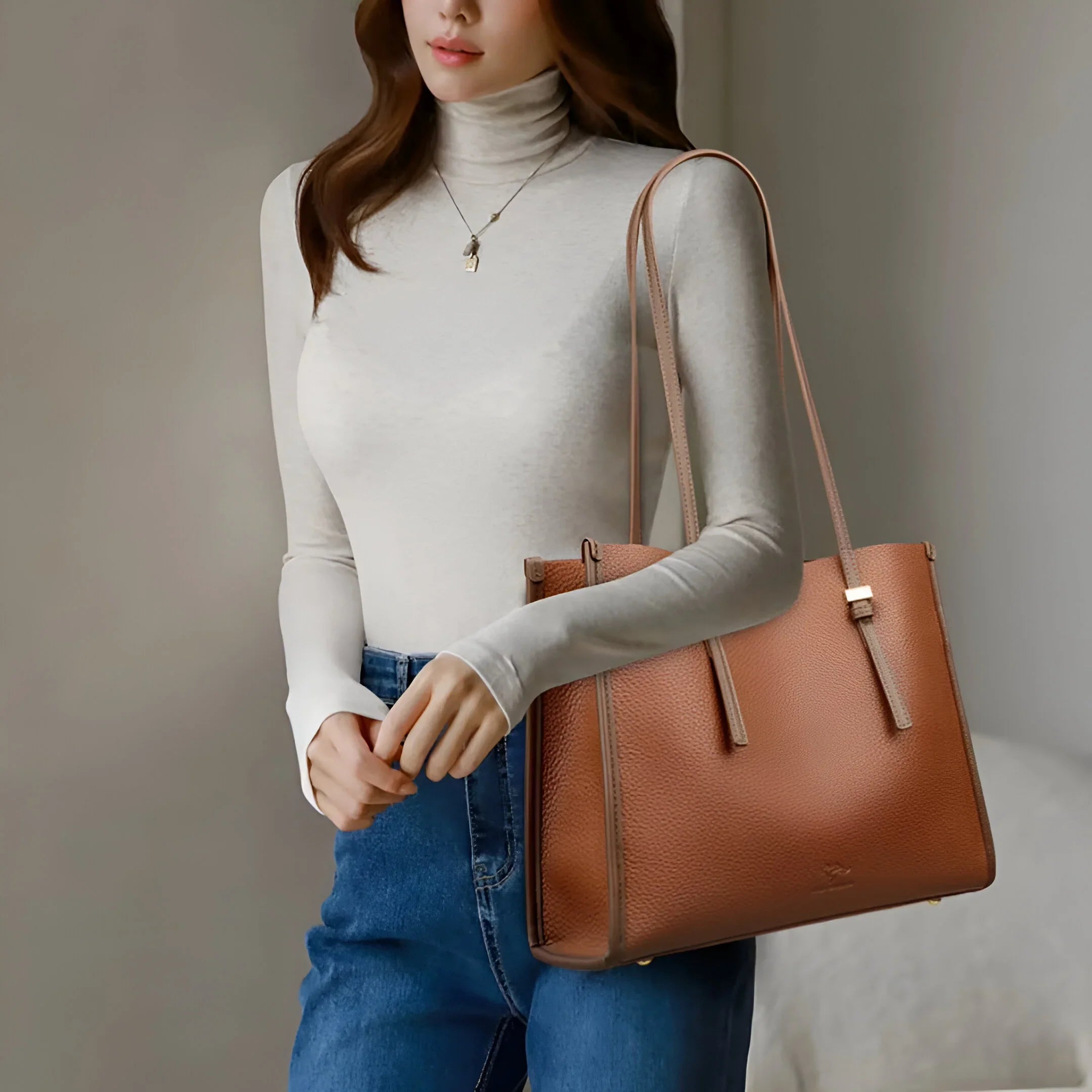 Textured Leather Tote Bag with Spacious Interior