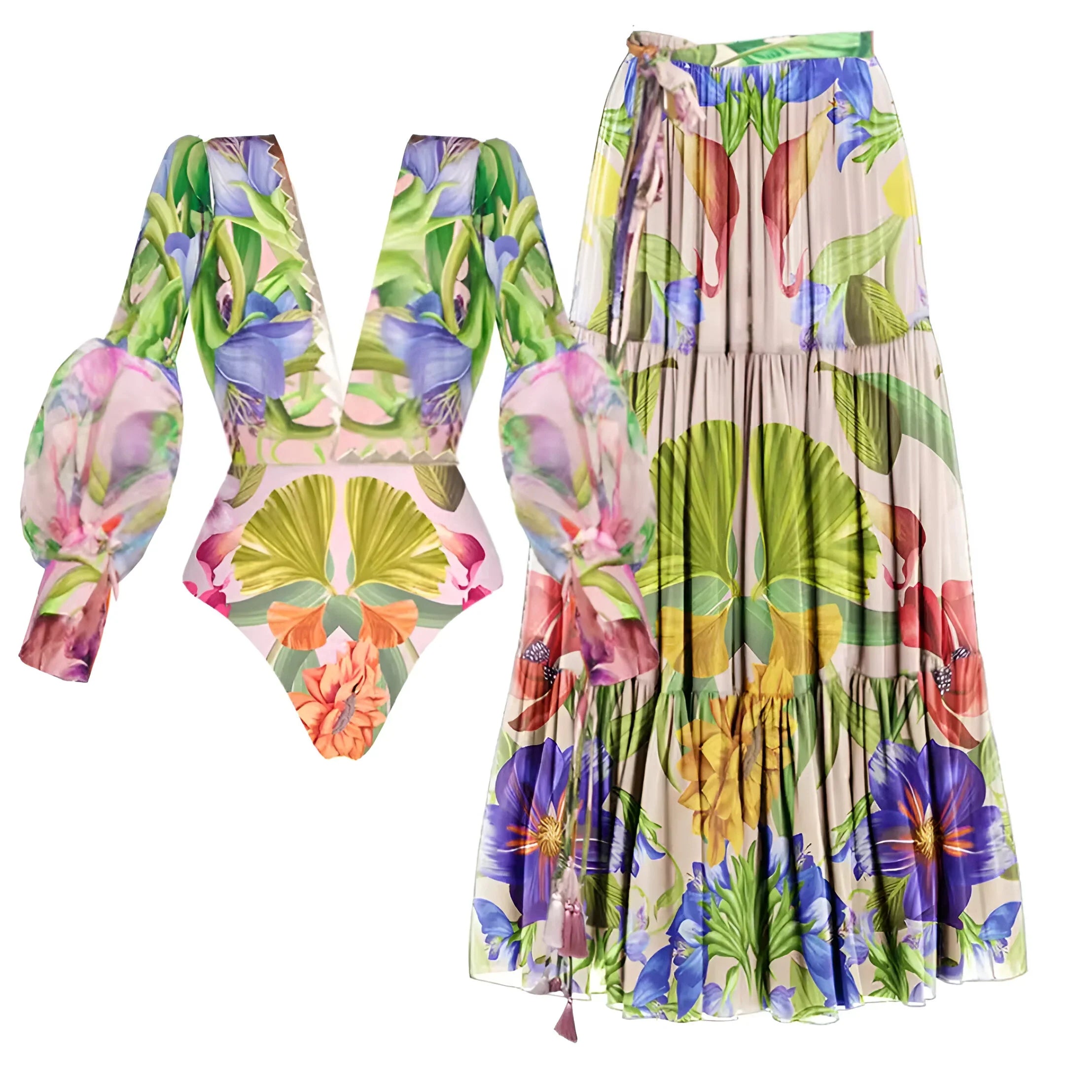 Deep V-Neck One-Piece Swimsuit with Long Skirt
