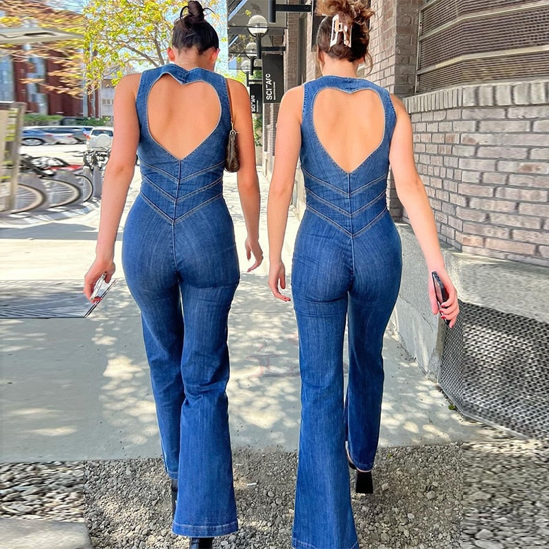 【LAST DAY SALE】Heart Shaped Backless Denim Jumpsuit