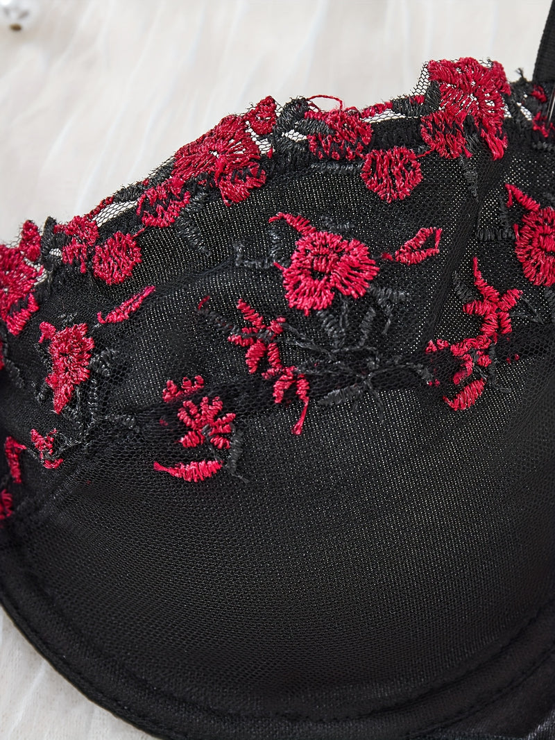 French Floral Lace Lingerie Set – Black & Red Embroidered Design