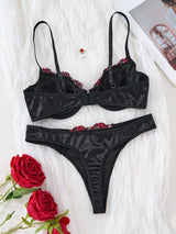 French Floral Lace Lingerie Set – Black & Red Embroidered Design