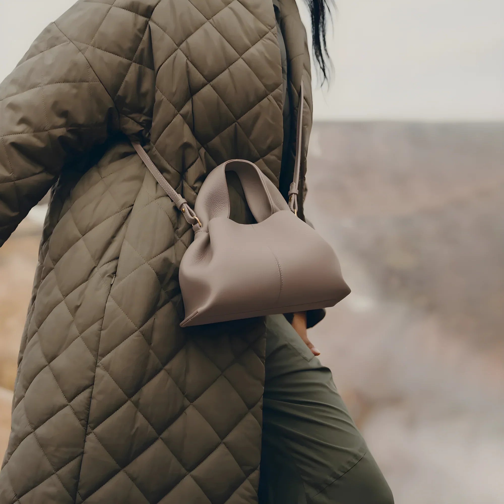 Soft Leather Shoulder Bag with French Texture